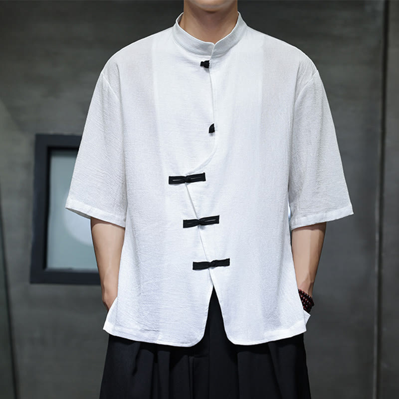 Chemise homme à manches mi-longues en coton et lin, motif Buddha Stones , col montant, boutons grenouille chinois - image 8