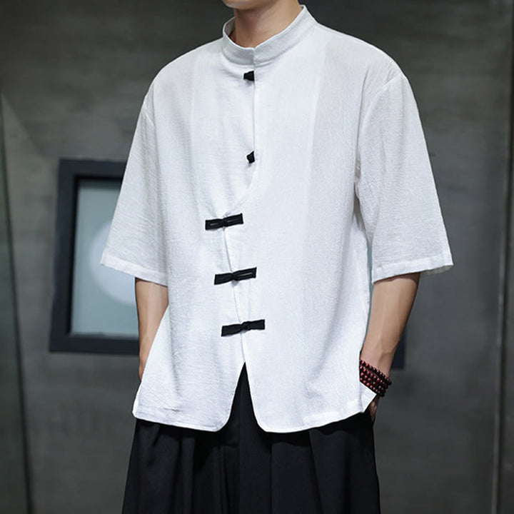 Chemise homme à manches mi-longues en coton et lin, motif Buddha Stones , col montant, boutons grenouille chinois - image 8