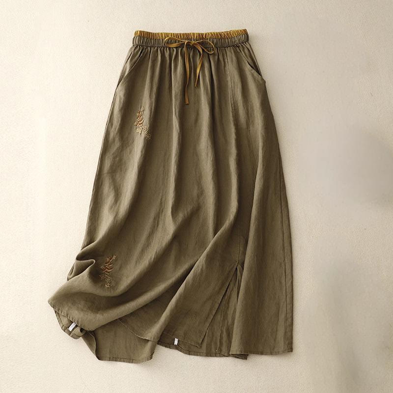Jupe femme vintage à cordon de serrage et broderies solides Buddha Stones avec poches - Olive - US8-10，UK/AU12-14，EU40-42 (2XL) - image 0