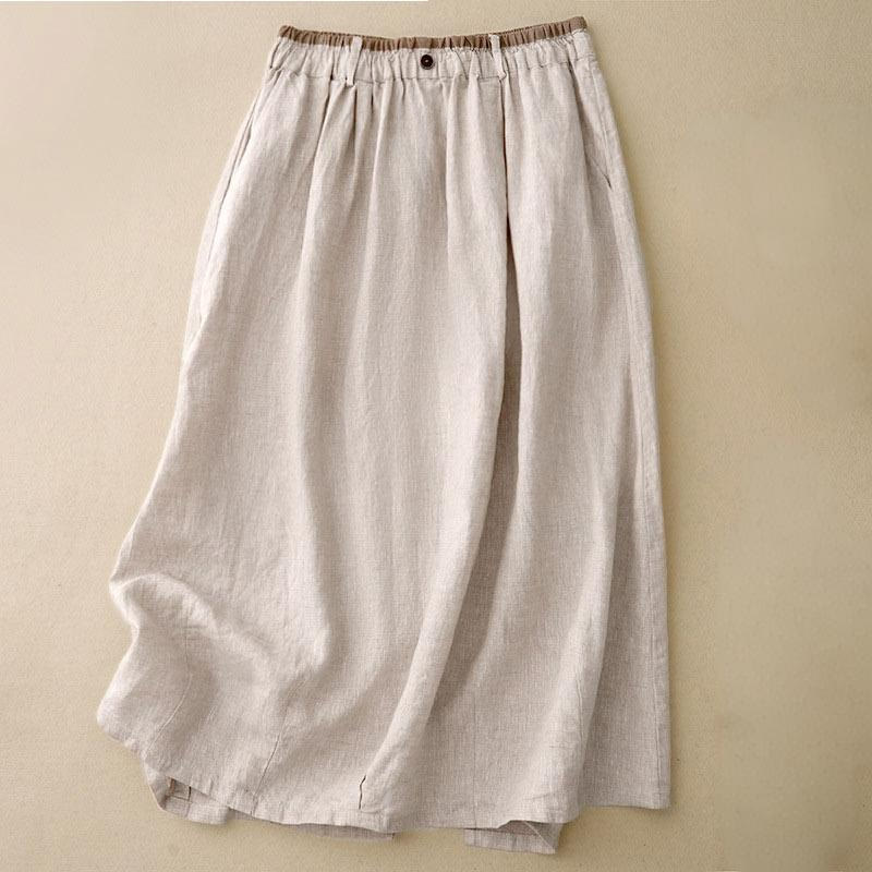 Jupe vintage décontractée en coton et lin avec poches pour femme, style Buddha Stones, avec fente latérale et taille élastique - Beige - US8-10，UK/AU12-14，EU40-42 (2XL) - image 0