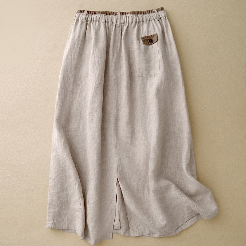 Jupe vintage décontractée en coton et lin avec poches pour femme, style Buddha Stones, avec fente latérale et taille élastique - image 1