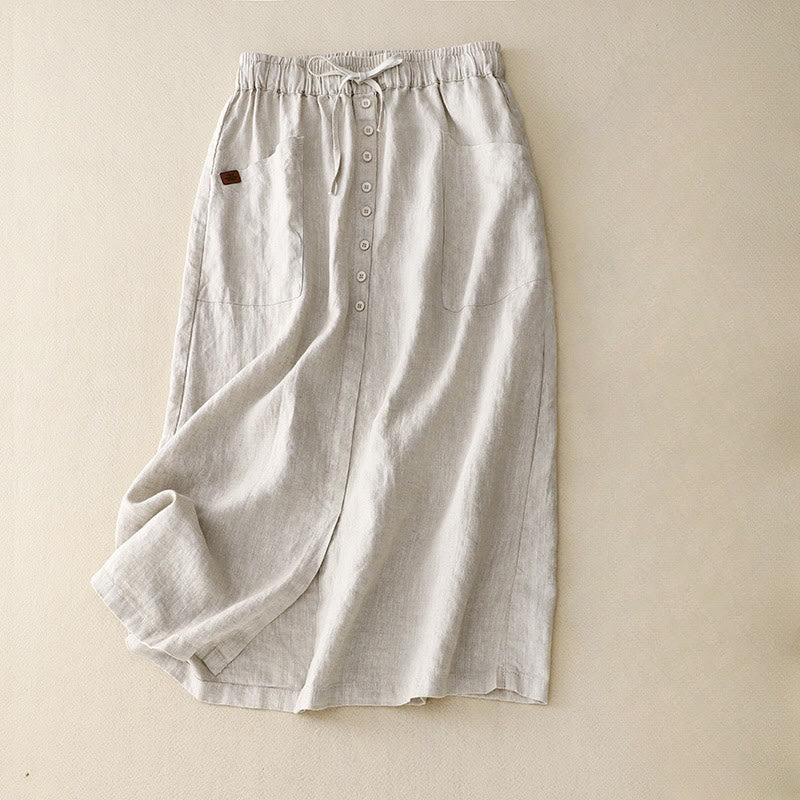 Jupe en coton et lin pour femme avec poches et lacets et boutons fendus Buddha Stones Spring - Beige - US8-10，UK/AU12-14，EU40-42 (2XL) - image 0