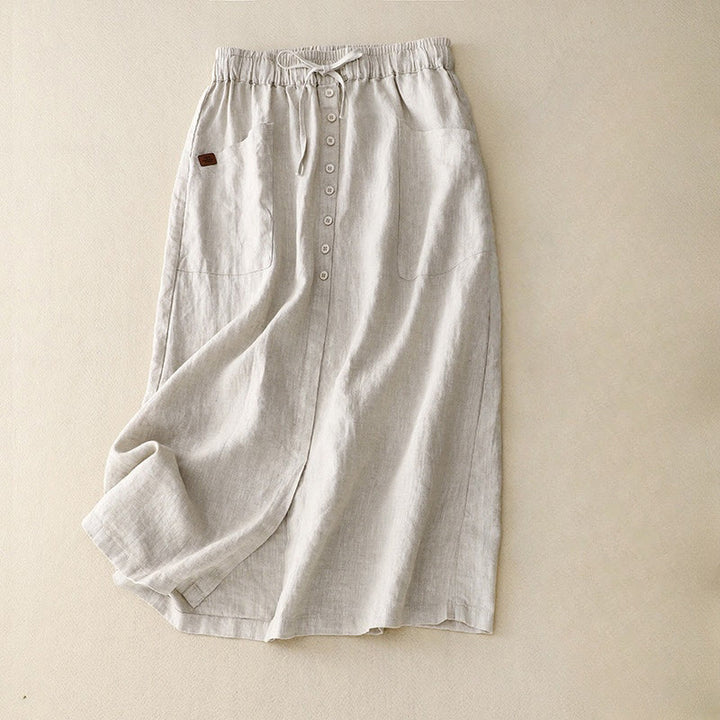 Jupe en coton et lin pour femme avec poches et lacets et boutons fendus Buddha Stones Spring - Beige - US8-10，UK/AU12-14，EU40-42 (2XL) - image 0