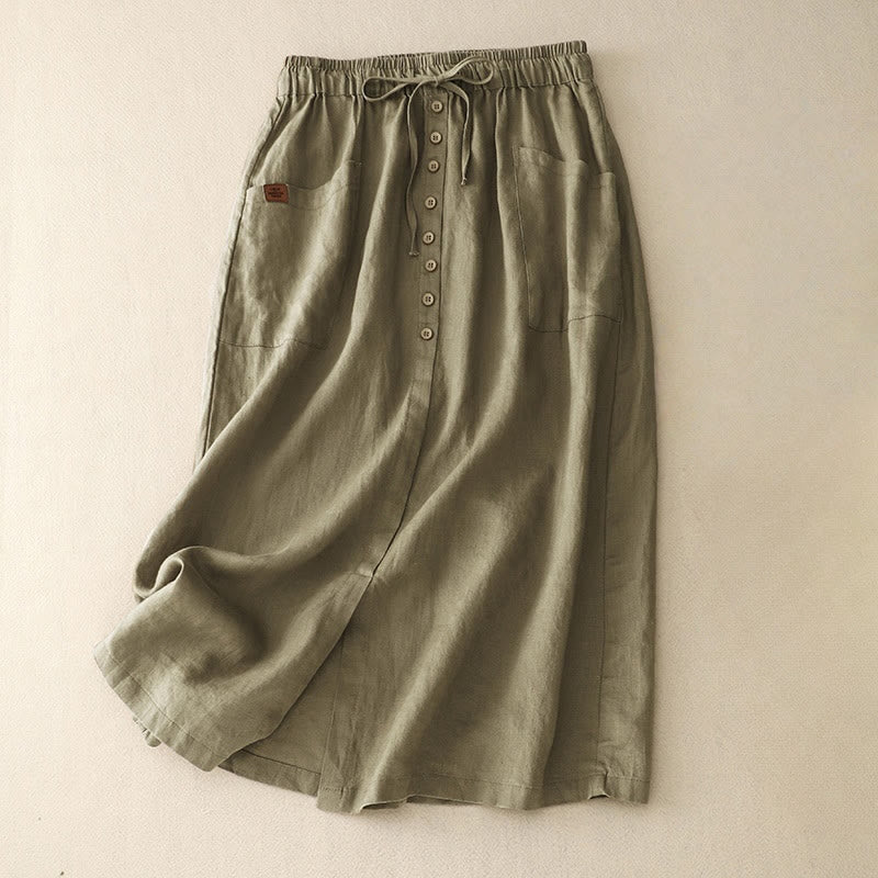 Jupe en coton et lin pour femme avec poches et lacets et boutons fendus Buddha Stones Spring - OliveDrab - US8-10，UK/AU12-14，EU40-42 (2XL) - image 2