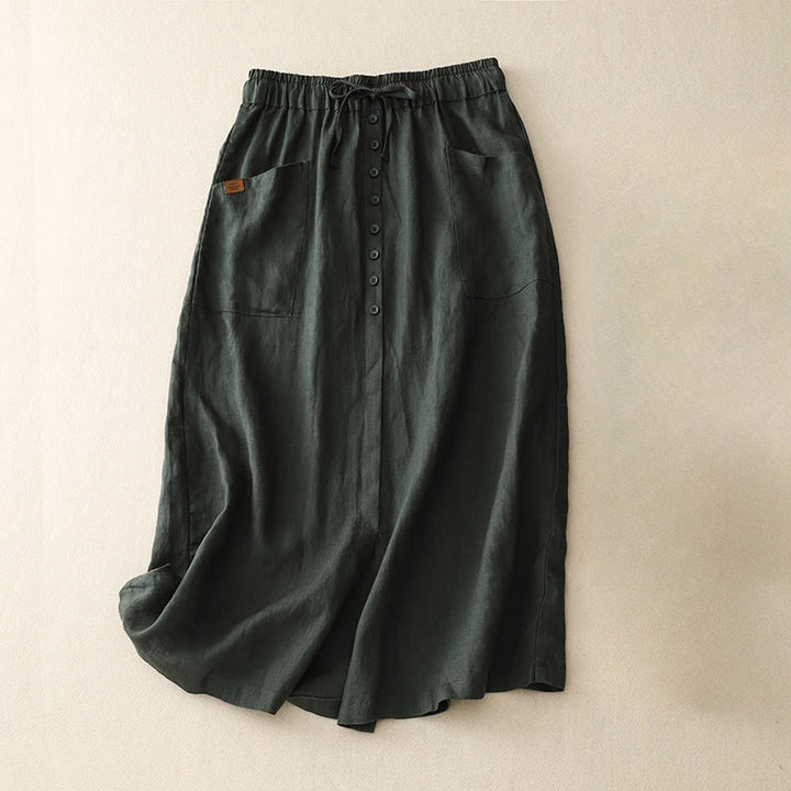 Jupe en coton et lin pour femme avec poches et lacets et boutons fendus Buddha Stones Spring - Vert foncé - US8-10，UK/AU12-14，EU40-42 (2XL) - image 7