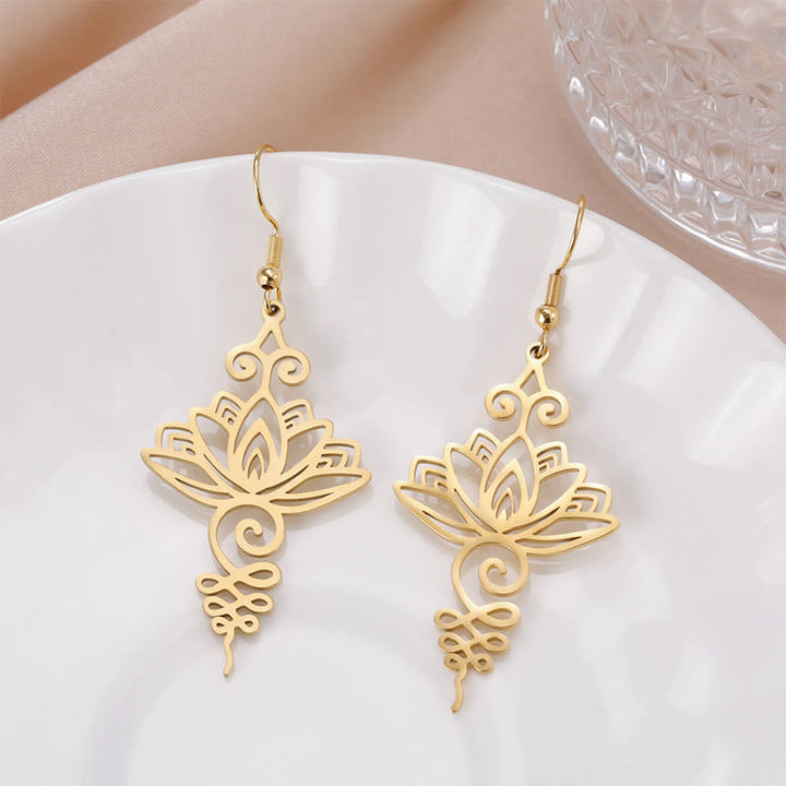 Boucles d'oreilles pendantes en acier inoxydable avec Buddha Stones et fleur de lotus creuse