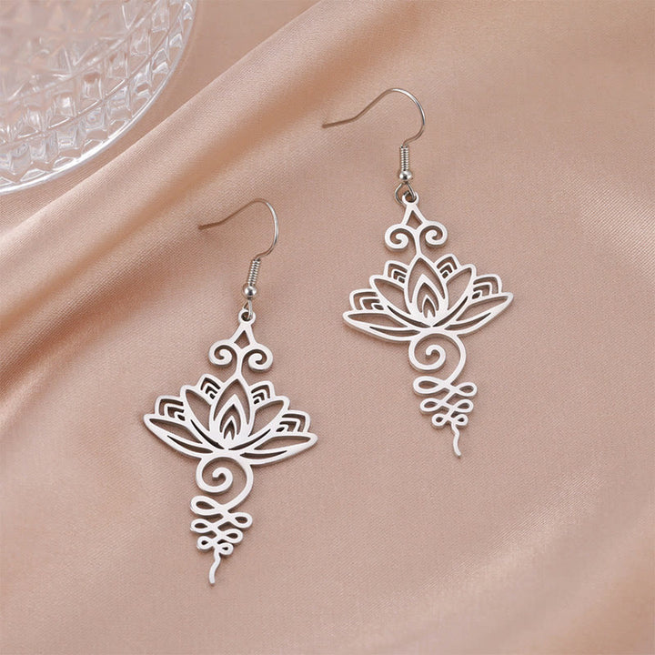 Boucles d'oreilles pendantes en acier inoxydable avec Buddha Stones et fleur de lotus creuse