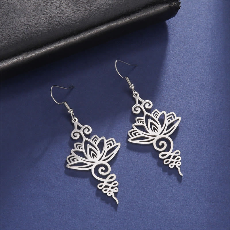 Boucles d'oreilles pendantes en acier inoxydable avec Buddha Stones et fleur de lotus creuse
