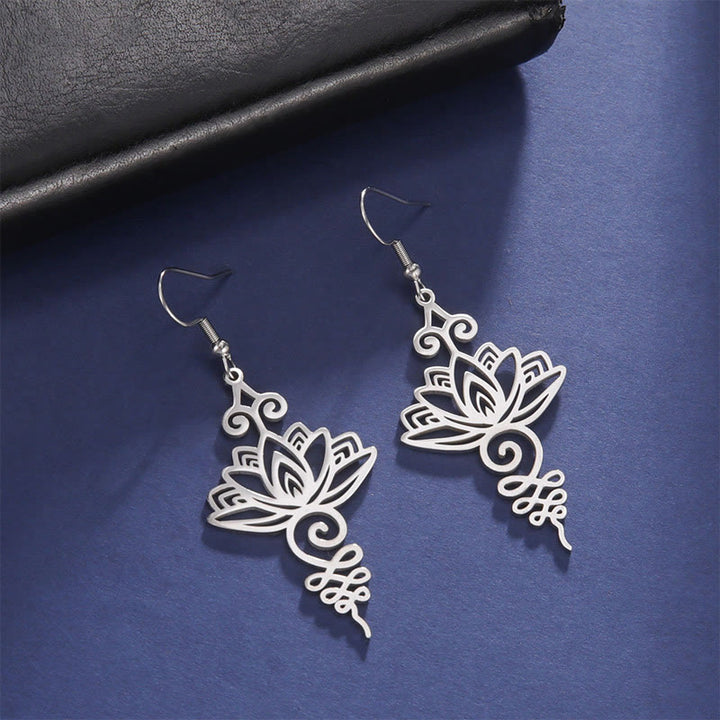 Boucles d'oreilles pendantes en acier inoxydable avec Buddha Stones et fleur de lotus creuse