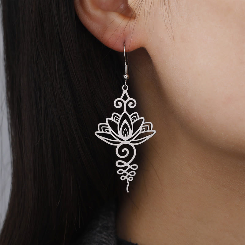 Boucles d'oreilles pendantes en acier inoxydable avec Buddha Stones et fleur de lotus creuse