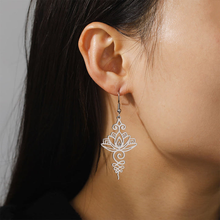 Boucles d'oreilles pendantes en acier inoxydable avec Buddha Stones et fleur de lotus creuse