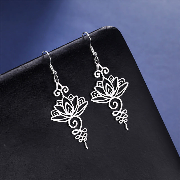 Boucles d'oreilles pendantes en acier inoxydable avec Buddha Stones et fleur de lotus creuse