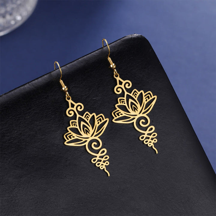 Boucles d'oreilles pendantes en acier inoxydable avec Buddha Stones et fleur de lotus creuse