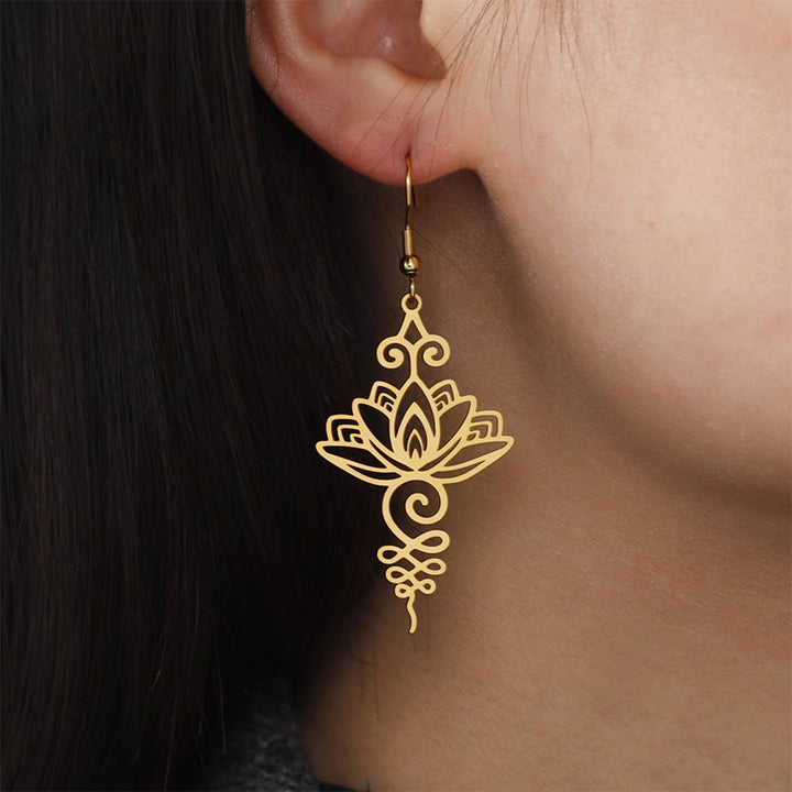 Boucles d'oreilles pendantes en acier inoxydable avec Buddha Stones et fleur de lotus creuse