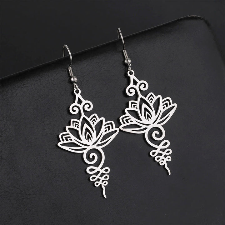 Boucles d'oreilles pendantes en acier inoxydable avec Buddha Stones et fleur de lotus creuse