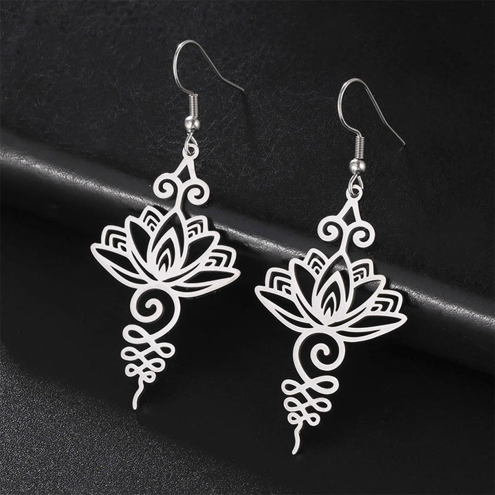 Boucles d'oreilles pendantes en acier inoxydable avec Buddha Stones et fleur de lotus creuse