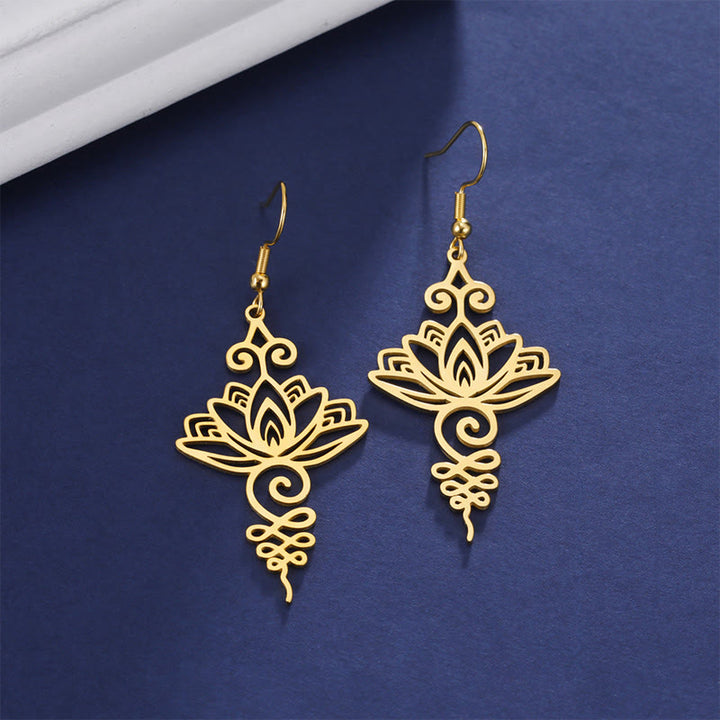Boucles d'oreilles pendantes en acier inoxydable avec Buddha Stones et fleur de lotus creuse