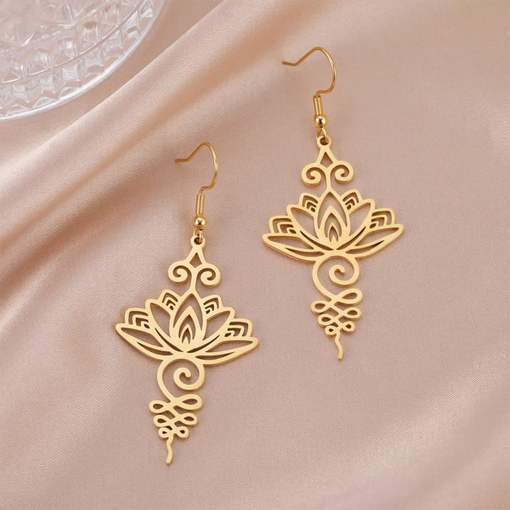 Boucles d'oreilles pendantes en acier inoxydable avec Buddha Stones et fleur de lotus creuse