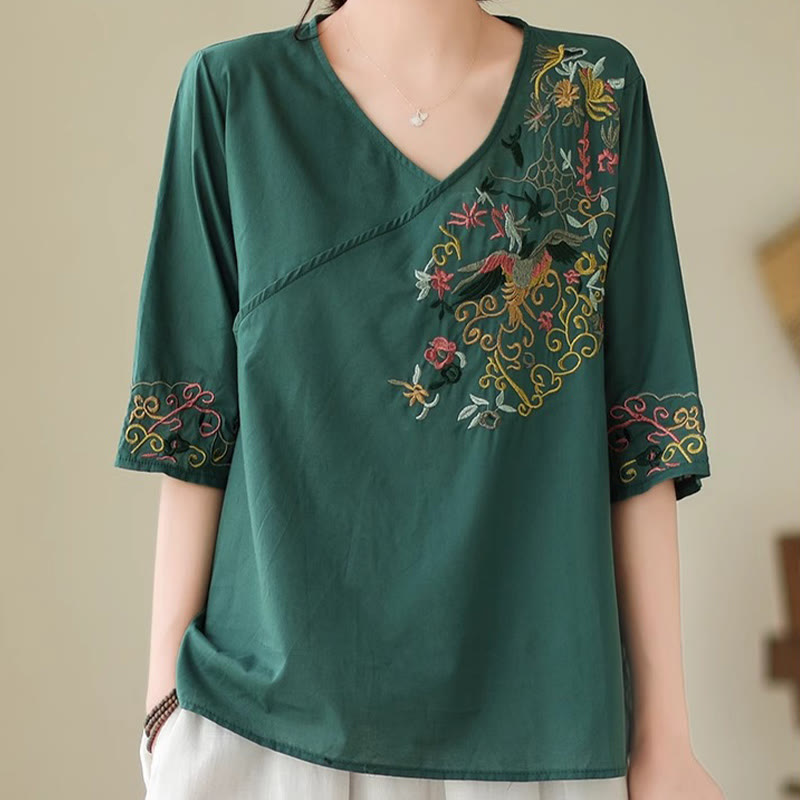 T-shirt décontracté à manches courtes et col en V pour femme, motif floral, broderie colorée, motif oiseaux et Buddha Stones - image 1