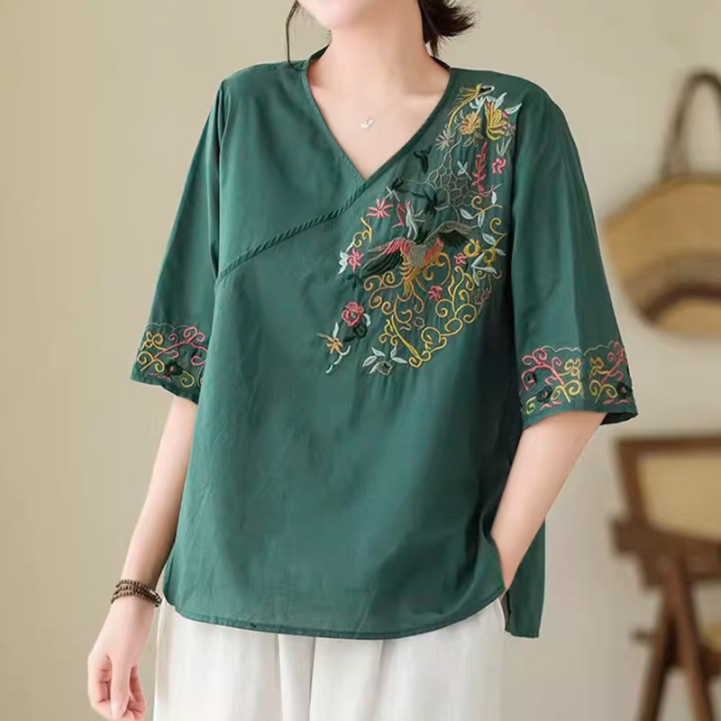 T-shirt décontracté à manches courtes et col en V pour femme, motif floral, broderie colorée, motif oiseaux et Buddha Stones - Vert d'eau - US12，UK/AU16，EU44 (3XL) - image 0
