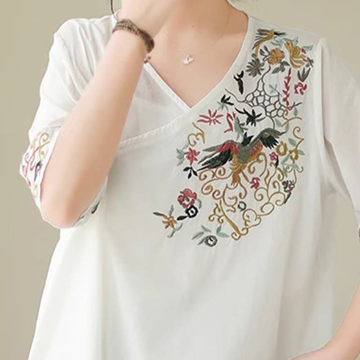 T-shirt décontracté à manches courtes et col en V pour femme, motif floral, broderie colorée, motif oiseaux et Buddha Stones