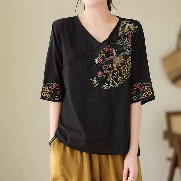 T-shirt décontracté à manches courtes et col en V pour femme, motif floral, broderie colorée, motif oiseaux et Buddha Stones