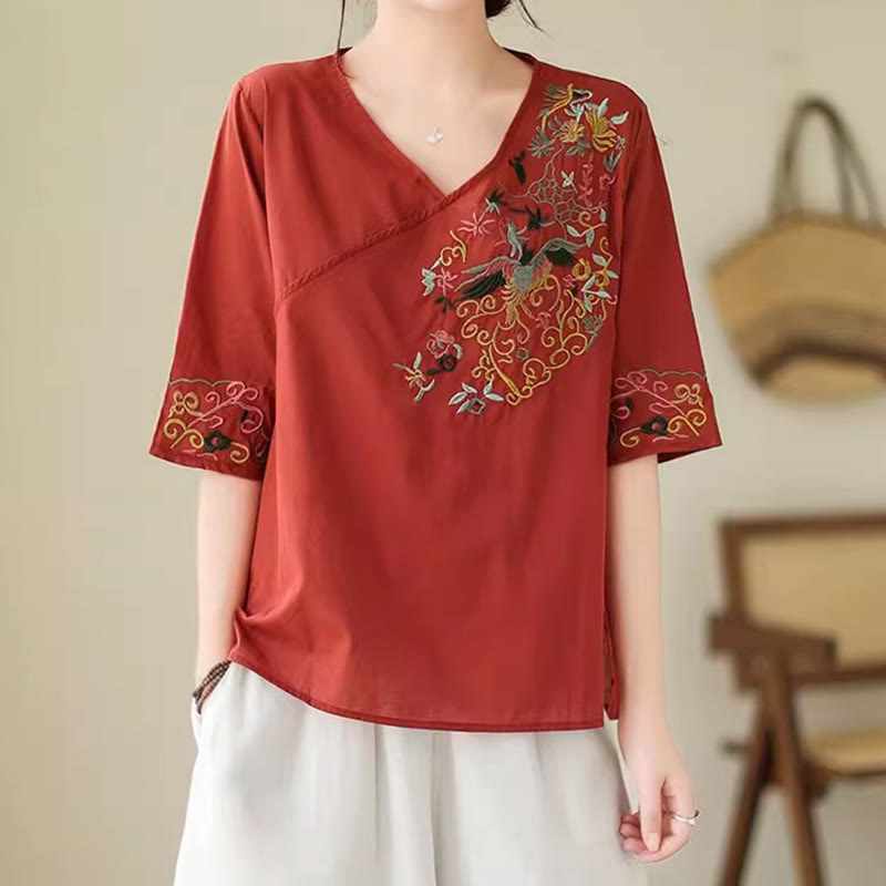 T-shirt décontracté à manches courtes et col en V pour femme, motif floral, broderie colorée, motif oiseaux et Buddha Stones