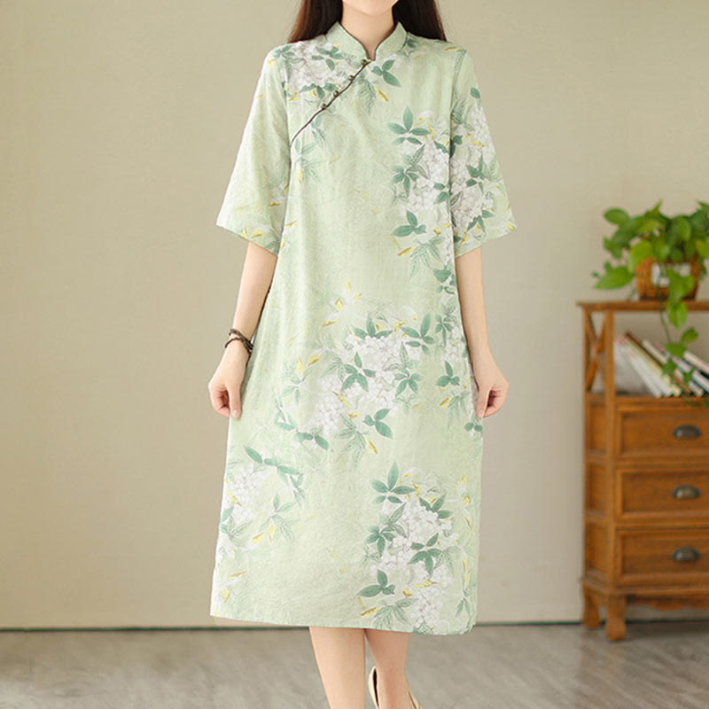 Robe mi-longue en jacquard Buddha Stones en coton et lin, style cheongsam chinois, manches mi-longues, avec poches - image 2