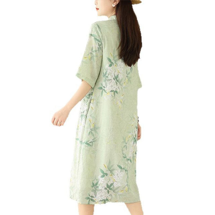 Robe mi-longue en jacquard Buddha Stones en coton et lin, style cheongsam chinois, manches mi-longues, avec poches - image 10