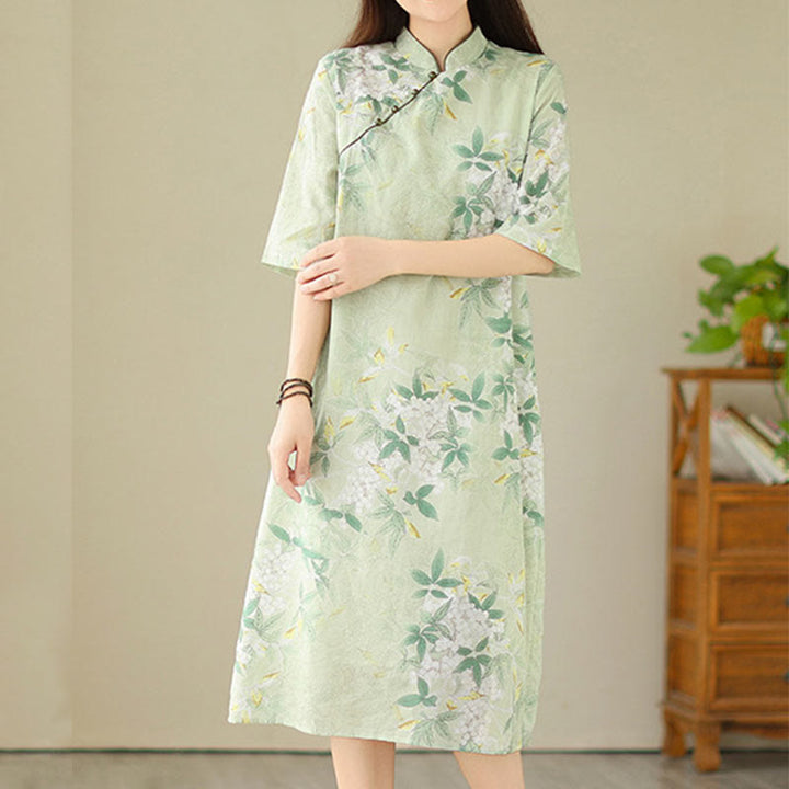 Robe mi-longue en jacquard Buddha Stones en coton et lin, style cheongsam chinois, manches mi-longues, avec poches - image 4