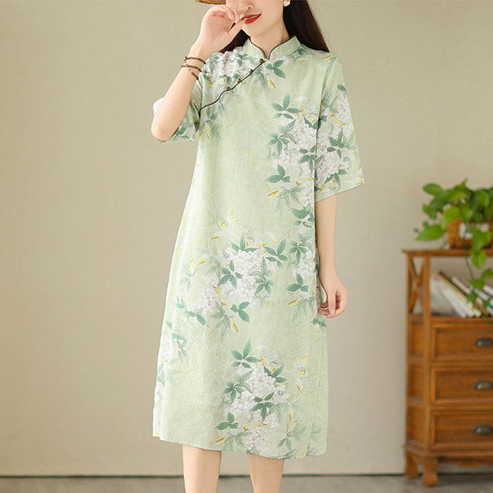 Robe mi-longue en jacquard Buddha Stones en coton et lin, style cheongsam chinois, manches mi-longues, avec poches - Vert pâle - US8-10，UK/AU12-14，EU40-42 (2XL) - image 0