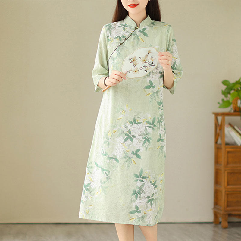 Robe mi-longue en jacquard Buddha Stones en coton et lin, style cheongsam chinois, manches mi-longues, avec poches - image 3