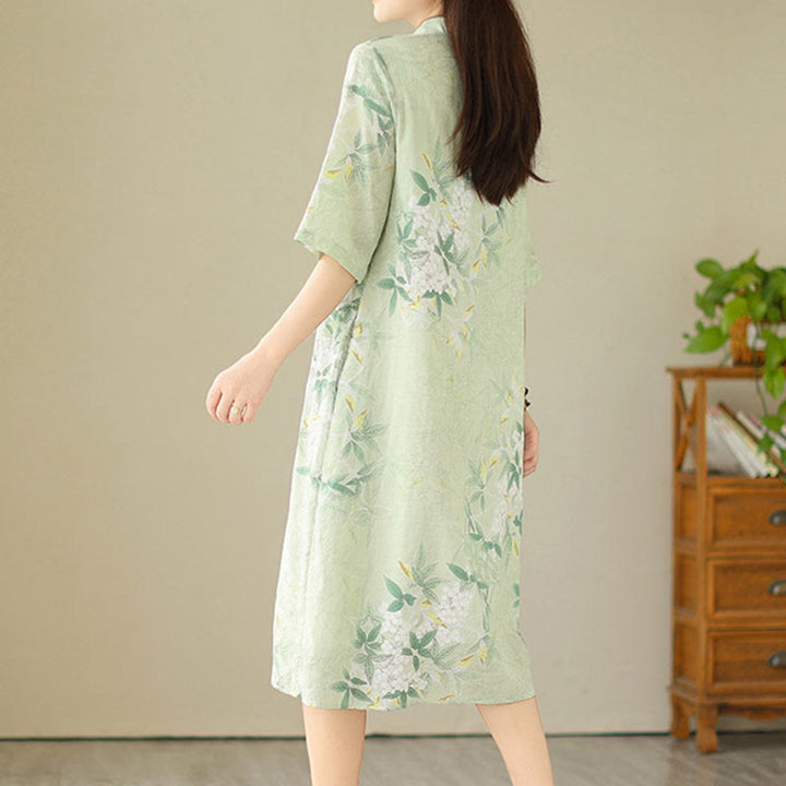 Robe mi-longue en jacquard Buddha Stones en coton et lin, style cheongsam chinois, manches mi-longues, avec poches - image 1