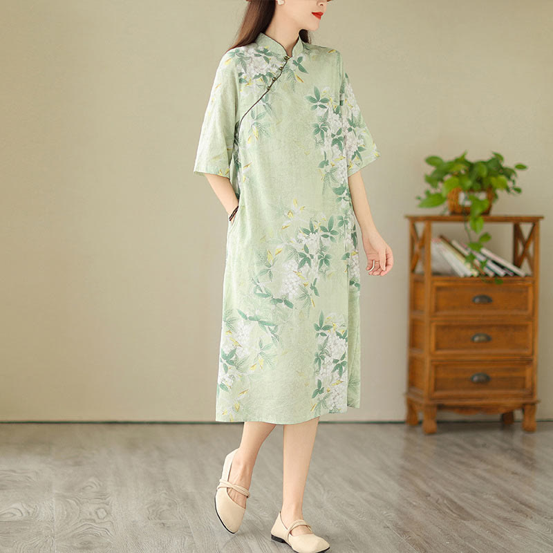 Robe mi-longue en jacquard Buddha Stones en coton et lin, style cheongsam chinois, manches mi-longues, avec poches - image 5