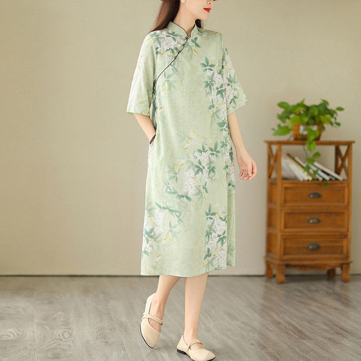 Robe mi-longue en jacquard Buddha Stones en coton et lin, style cheongsam chinois, manches mi-longues, avec poches - image 5