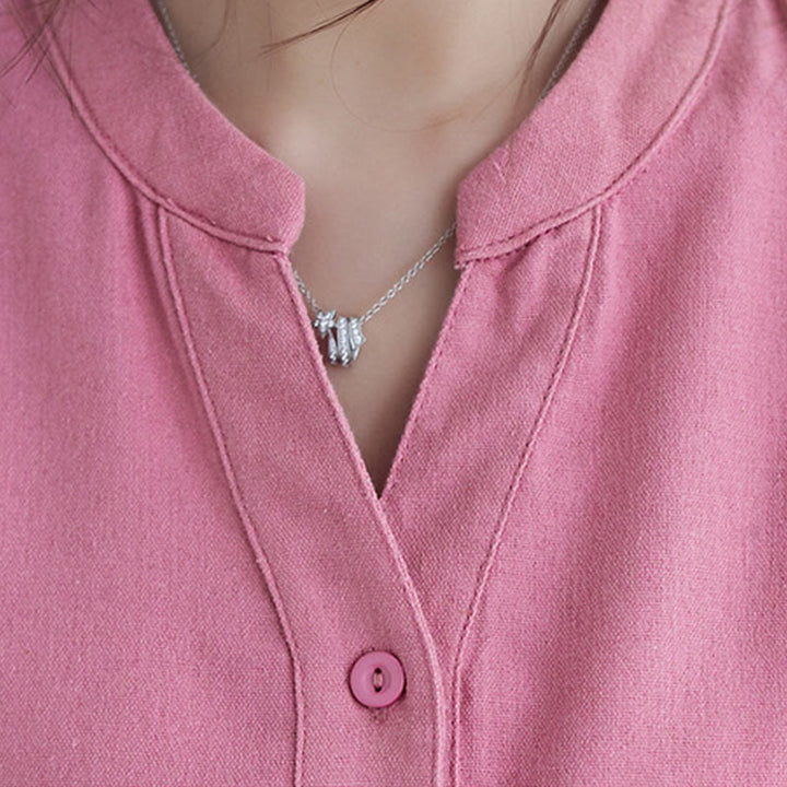 Robe mi-longue décontractée en coton et lin à manches courtes et poches, motif Buddha Stones, couleur unie, boutons - image 5