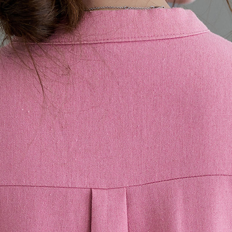 Robe mi-longue décontractée en coton et lin à manches courtes et poches, motif Buddha Stones, couleur unie, boutons - image 6