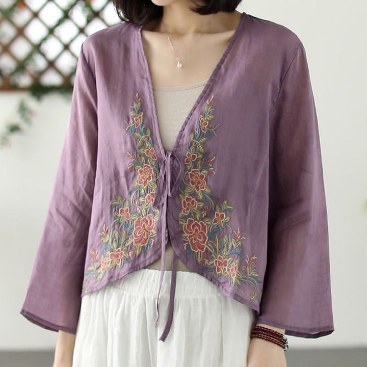 Veste cardigan décontractée à manches longues et devant ouvert avec broderies de pétales et Buddha Stones