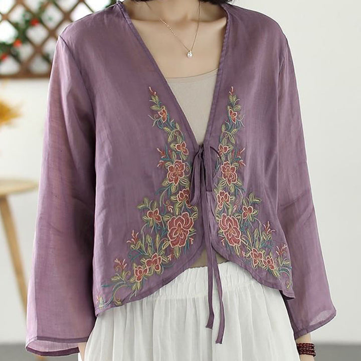 Veste cardigan décontractée à manches longues et devant ouvert avec broderies de pétales et Buddha Stones