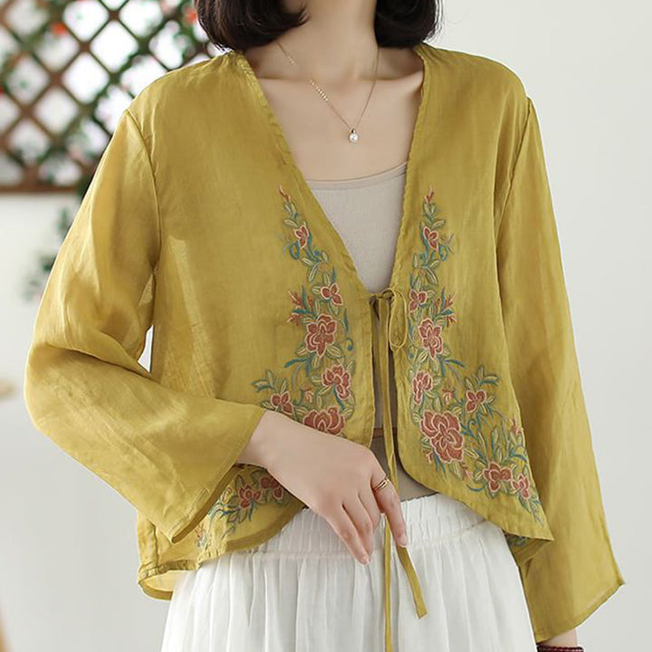 Veste cardigan décontractée à manches longues et devant ouvert avec broderies de pétales et Buddha Stones