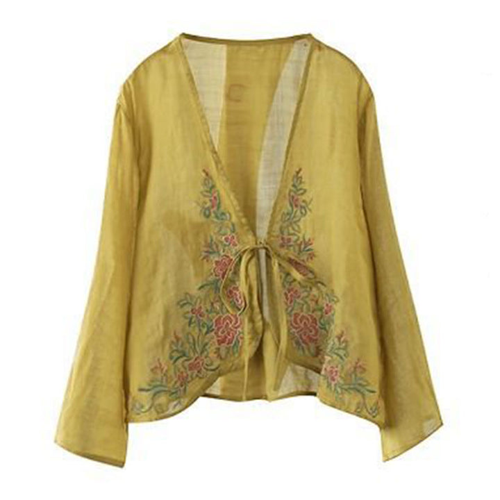 Veste cardigan décontractée à manches longues et devant ouvert avec broderies de pétales et Buddha Stones