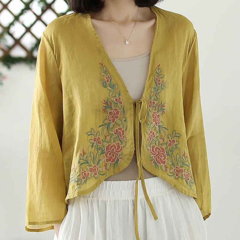 Veste cardigan décontractée à manches longues et devant ouvert avec broderies de pétales et Buddha Stones