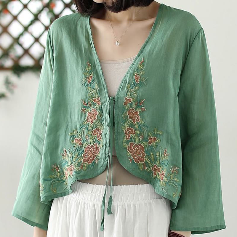 Veste cardigan décontractée à manches longues et devant ouvert avec broderies de pétales et Buddha Stones