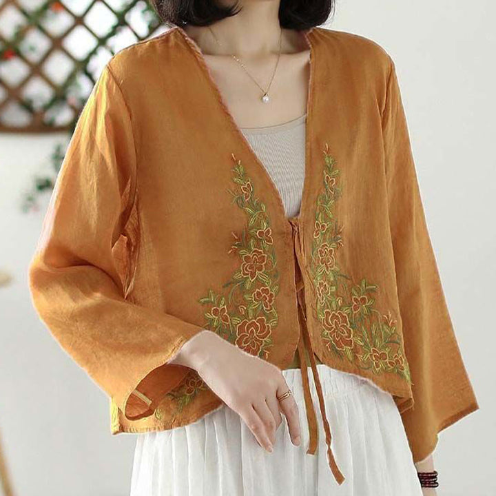 Veste cardigan décontractée à manches longues et devant ouvert avec broderies de pétales et Buddha Stones