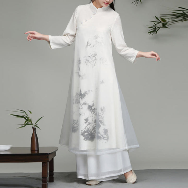 Robe mi-longue en mousseline de soie à manches longues et boutons grenouille chinois, motifs Buddha Stones