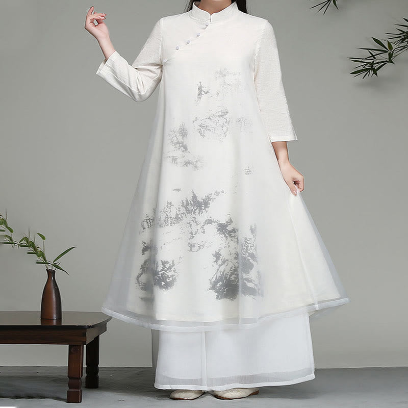 Robe mi-longue en mousseline de soie à manches longues et boutons grenouille chinois, motifs Buddha Stones