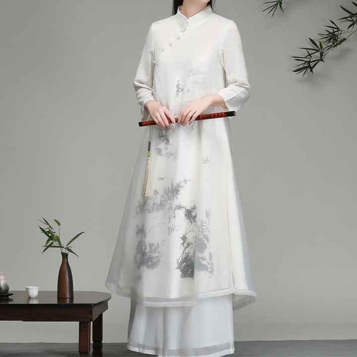 Robe mi-longue en mousseline de soie à manches longues et boutons grenouille chinois, motifs Buddha Stones