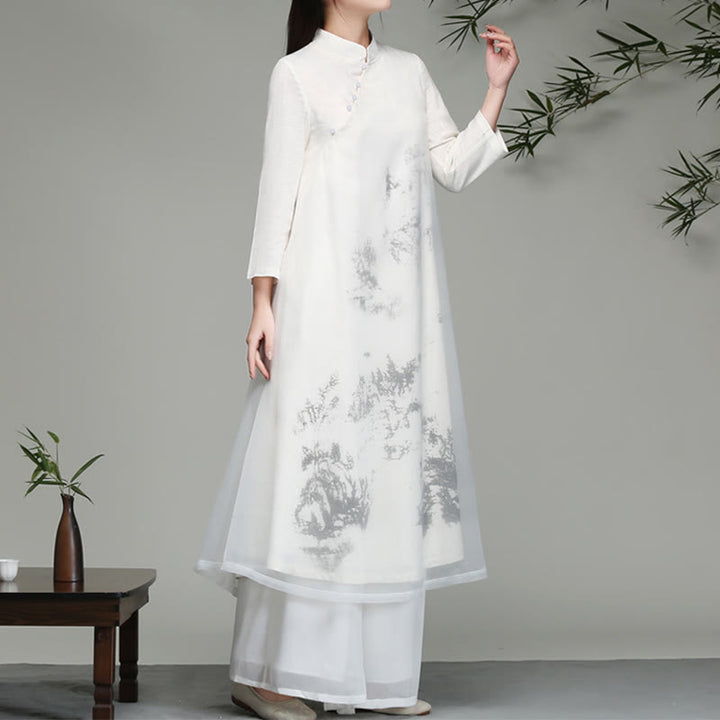 Robe mi-longue en mousseline de soie à manches longues et boutons grenouille chinois, motifs Buddha Stones