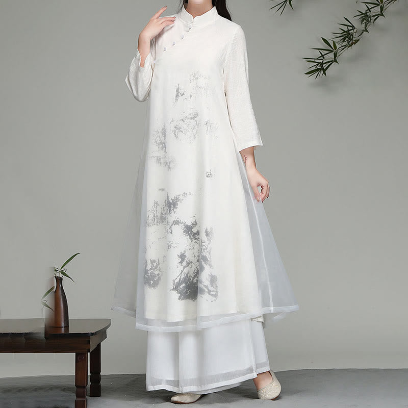 Robe mi-longue en mousseline de soie à manches longues et boutons grenouille chinois, motifs Buddha Stones