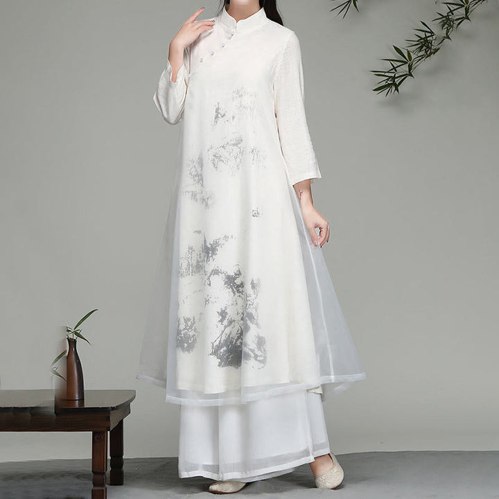 Robe mi-longue en mousseline de soie à manches longues et boutons grenouille chinois, motifs Buddha Stones